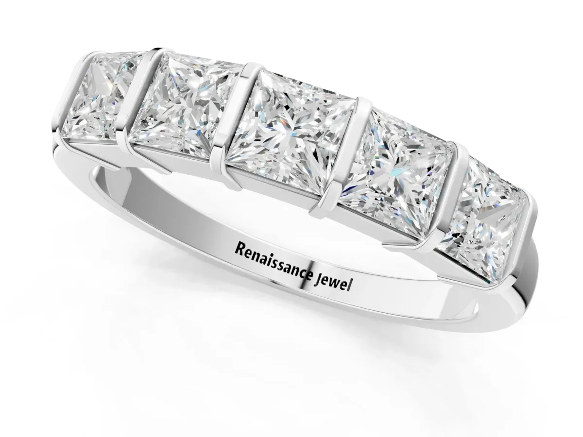 Princess Cut Channel Set Diamond Band with Bar Prong Setting Silver