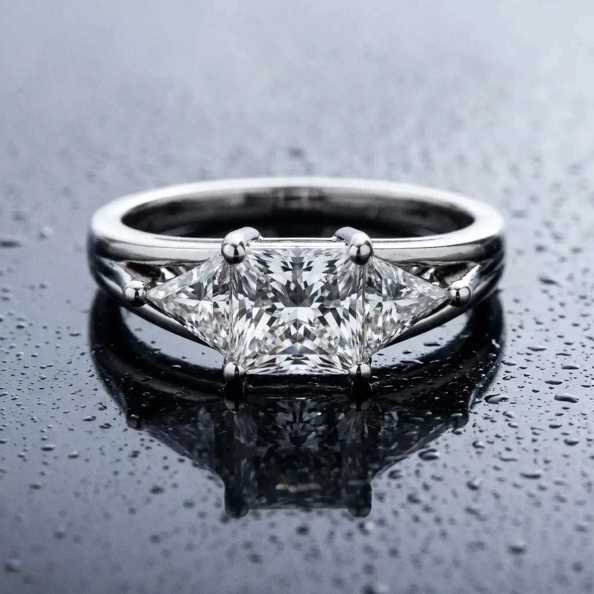Three-Stone Princess Cut Cut Diamond Ring with Trillion Side Stones on a Split Shank Band Silver
