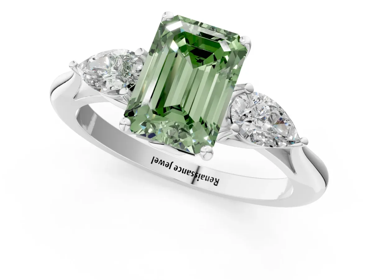 Fancy Green Three-Stone Emerald Cut Diamond Ring with Pear Side Stones in Four-Prong Setting White gold