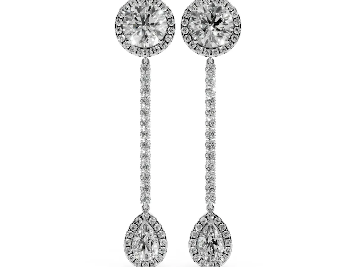 Round and Pear Diamond Halo Drop Earrings Platinum