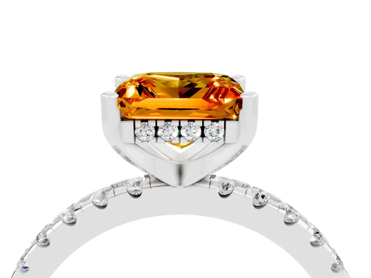 Princess Cut Citrine Solitaire Ring with Round Pavé Band and Four-Prong Setting Silver