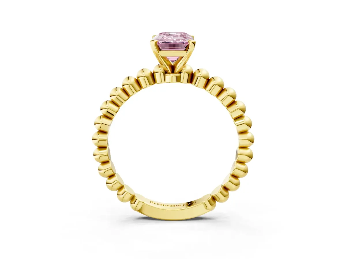 Fancy Pink Emerald Cut Diamond Solitaire Ring with Beaded Band and Prong Setting Yellow gold