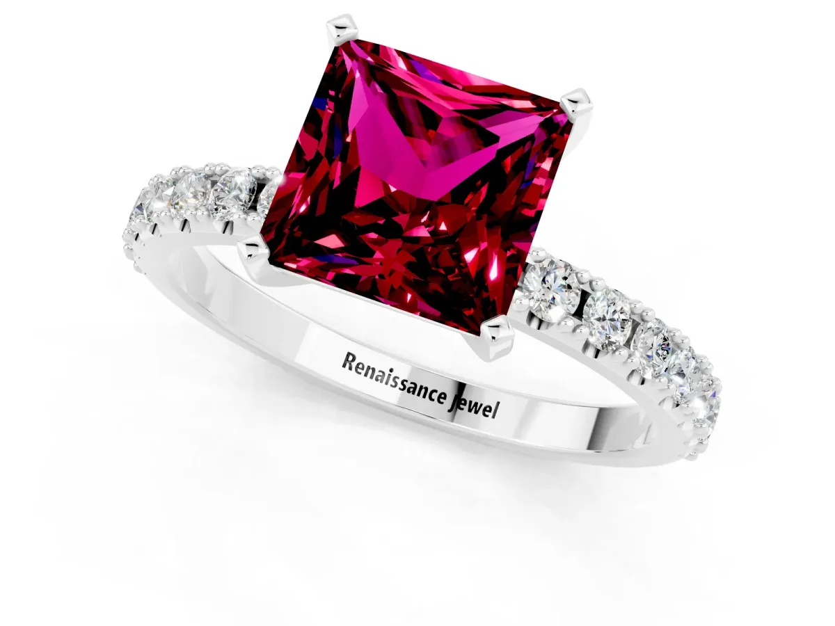 Princess Cut Garnet Solitaire Pavé Band with Four-Prong Setting Silver