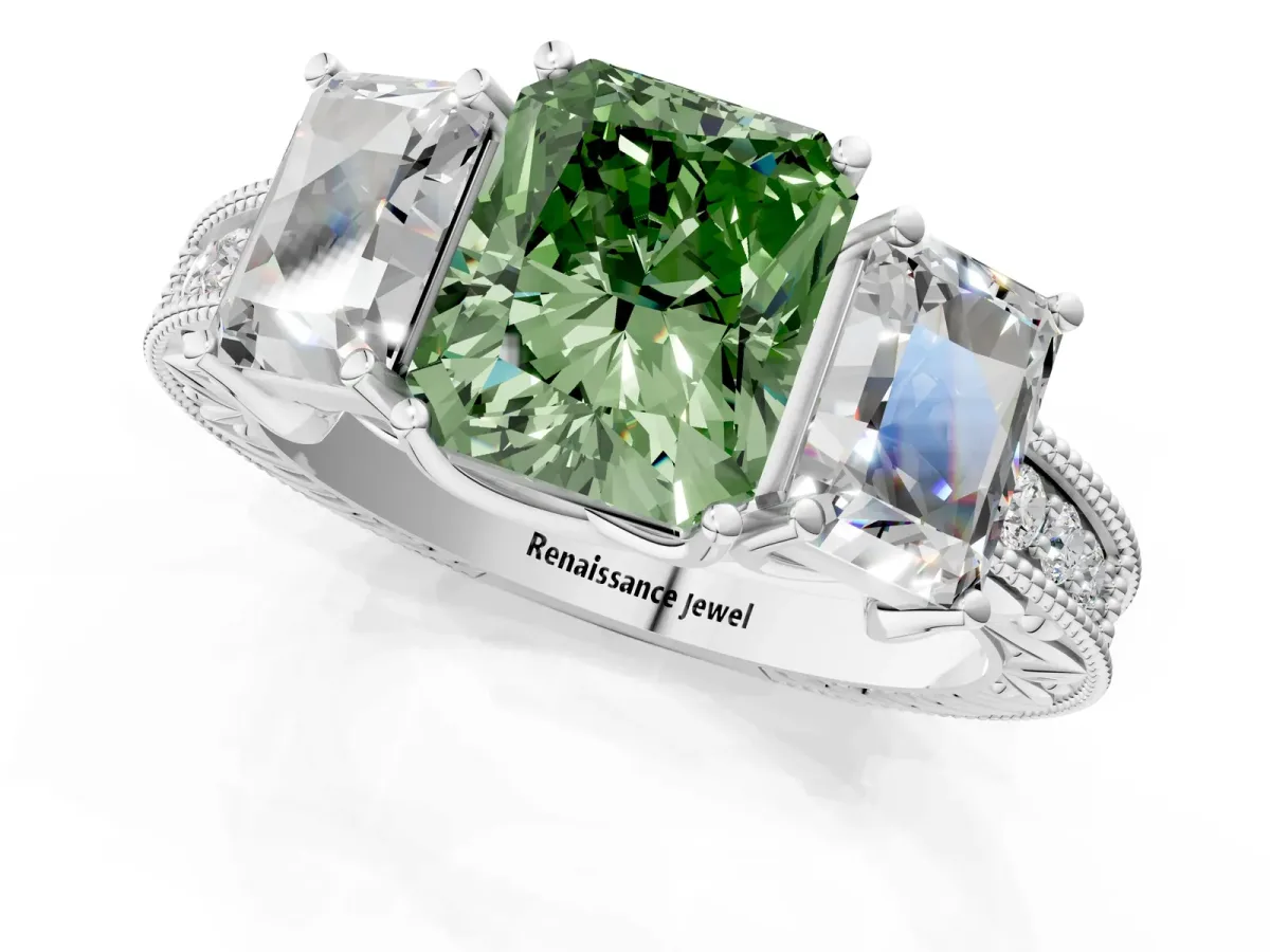 Fancy Green Three-Stone Radiant Cut Cut Milgrain Pavé Engagement Ring Platinum