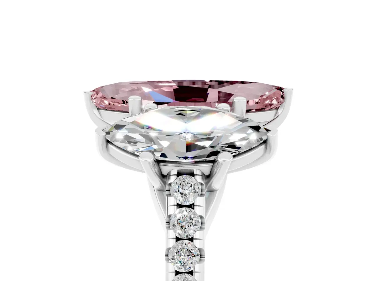 Three-Stone Marquise Cut Morganite Ring with Round Pavé Band and Prong Setting Silver
