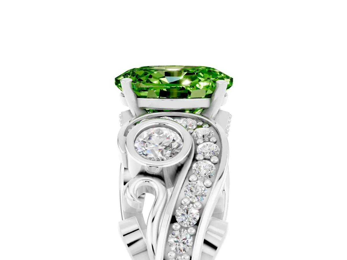 Oval Cut Peridot Solitaire Ring with Milgrain Pavé Band and Four-Prong Setting Platinum