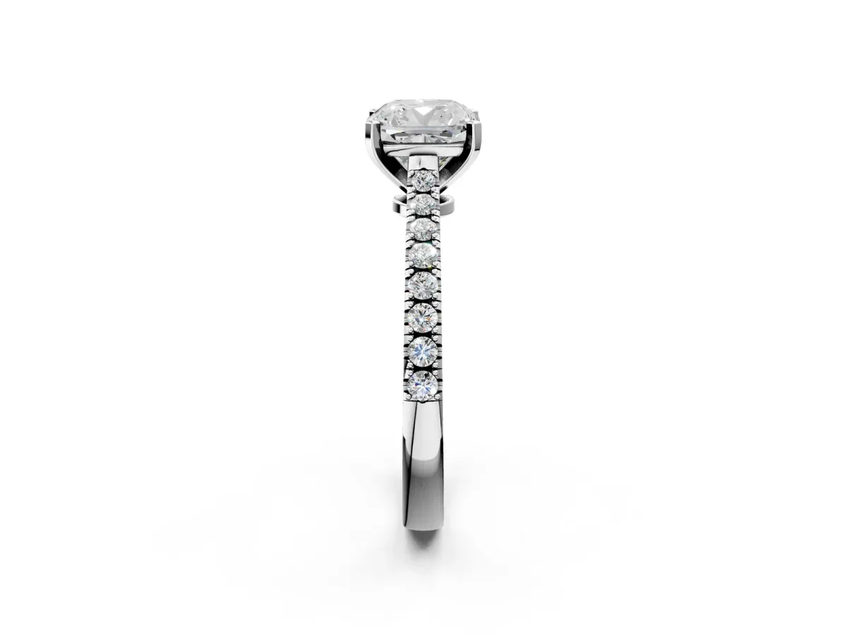 Cushion Cut Cut Solitaire Diamond Engagement Ring with Pave Band and Four-Prong Setting Silver