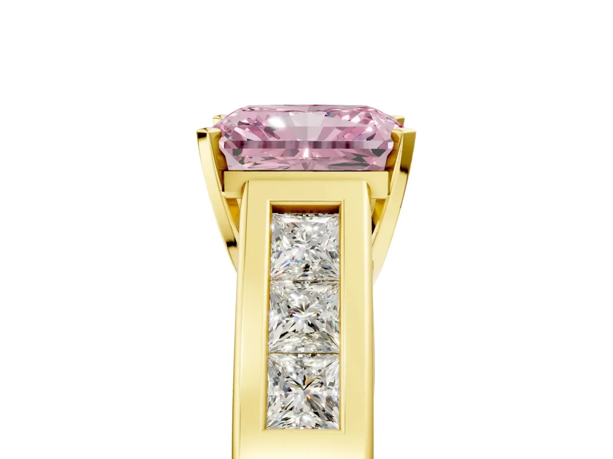 Fancy Pink Radiant Cut Cut Channel Set Solitaire Ring with Four-Prong Setting Yellow gold