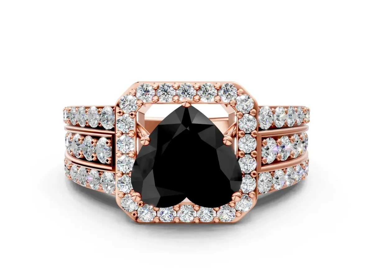 Fancy Black Heart Cut Halo Diamond Ring with Round Split Shank and Prong Setting Rose gold