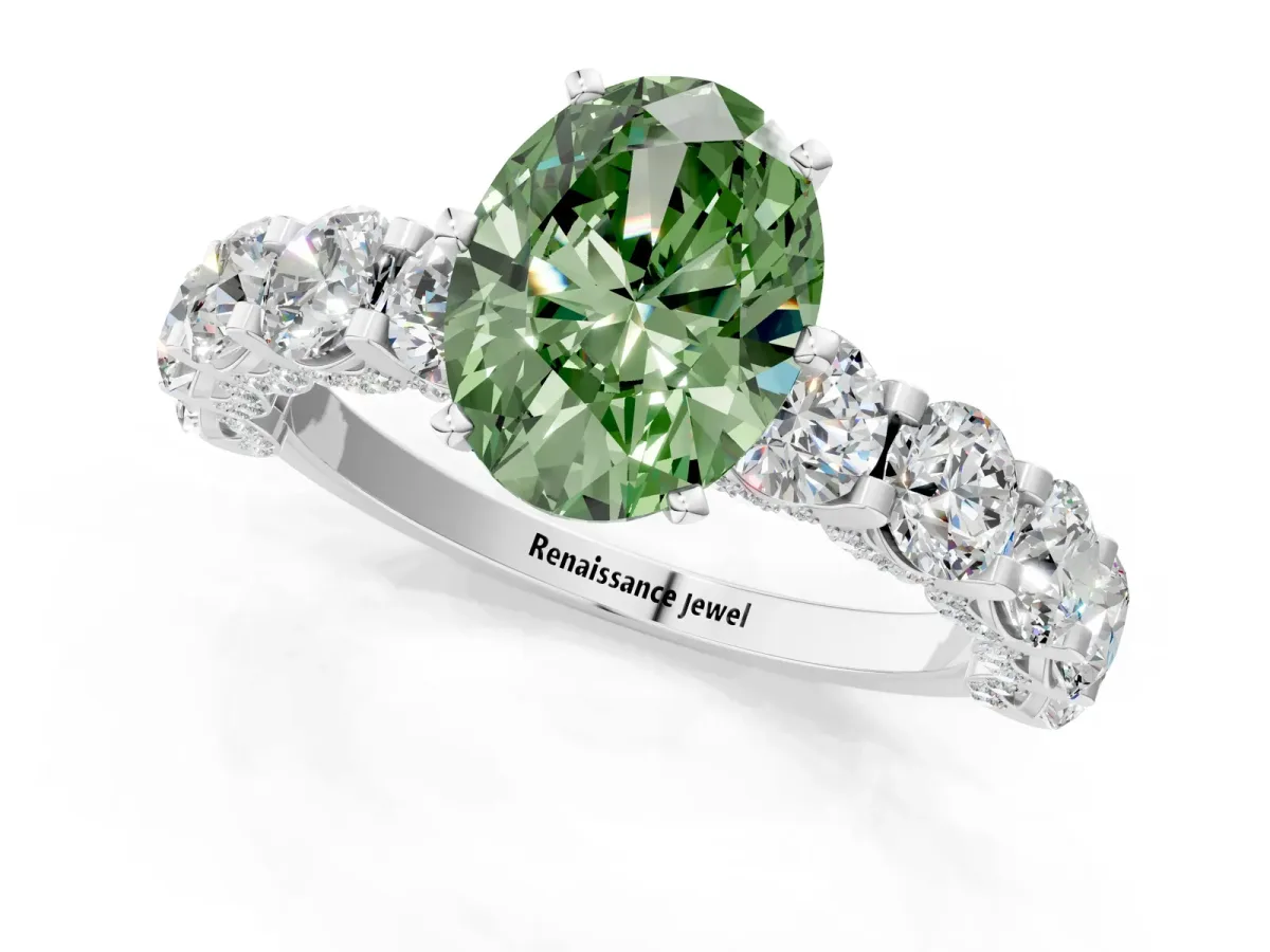 Fancy Green Oval Cut Diamond Side Stone Engagement Ring with Four-Prong Setting White gold