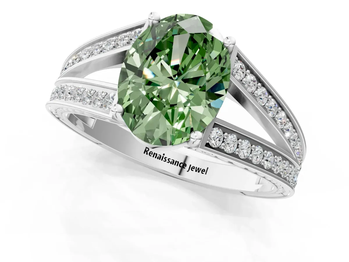 Fancy Green Oval Cut Diamond Split Shank Ring with Pavé Band and Four-Prong Setting White gold