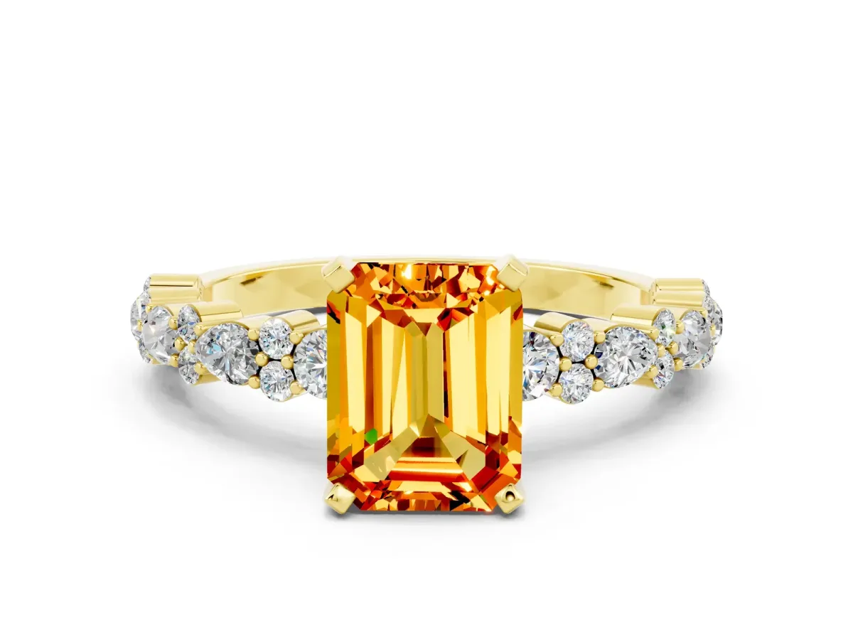 Emerald Cut Citrine Side Stone Solitaire Ring with Round and Four-Prong Setting Yellow gold