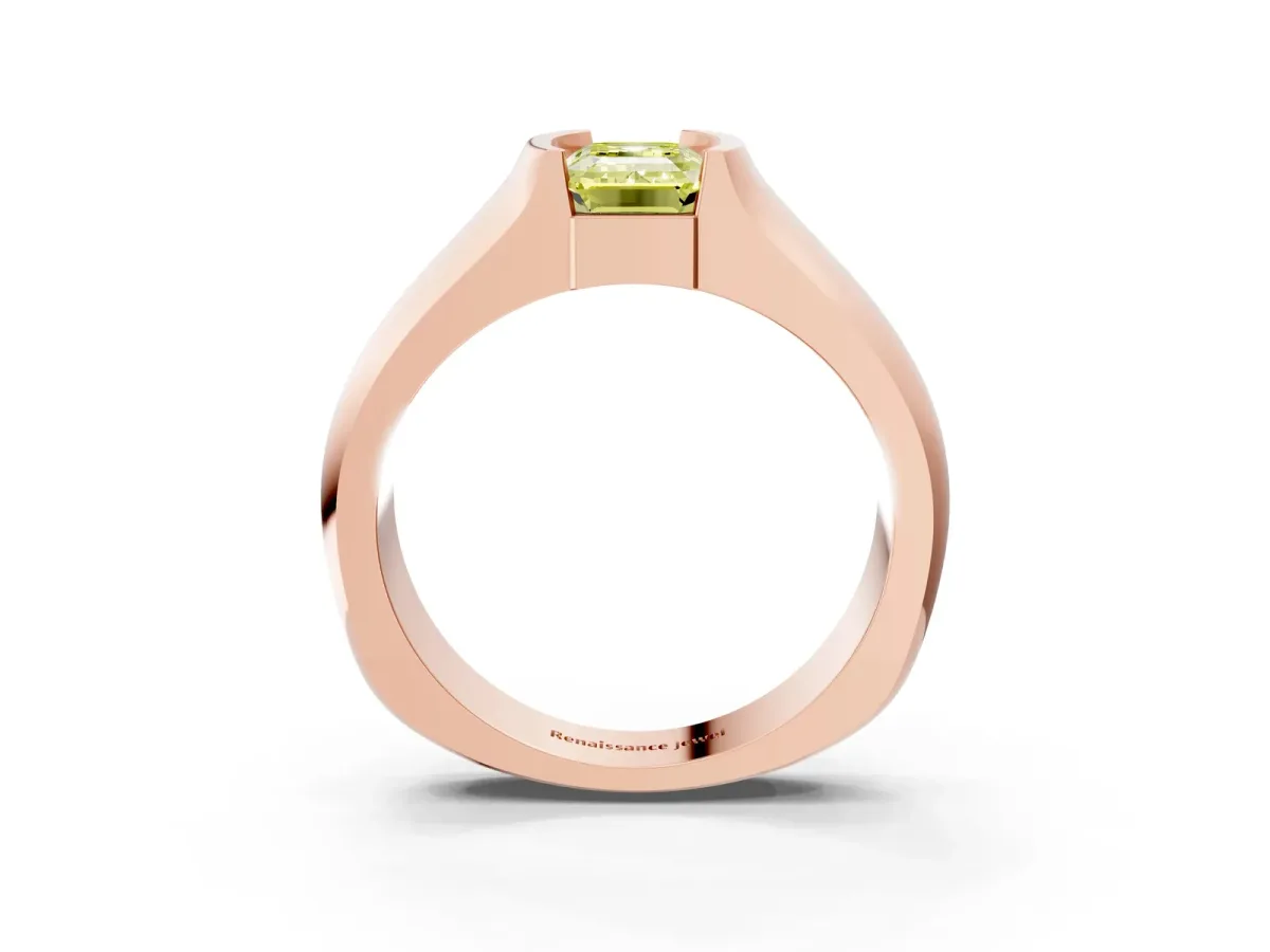 Fancy Yellow Emerald Cut Solitaire Bezel Set Diamond Ring with Wide Band Rose gold