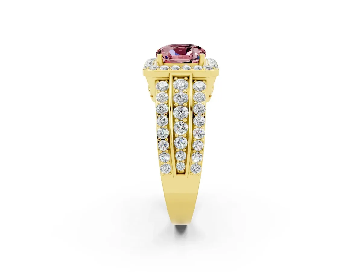 Cushion Cut Halo Morganite Ring with Round Split Shank and Prong Setting Yellow gold