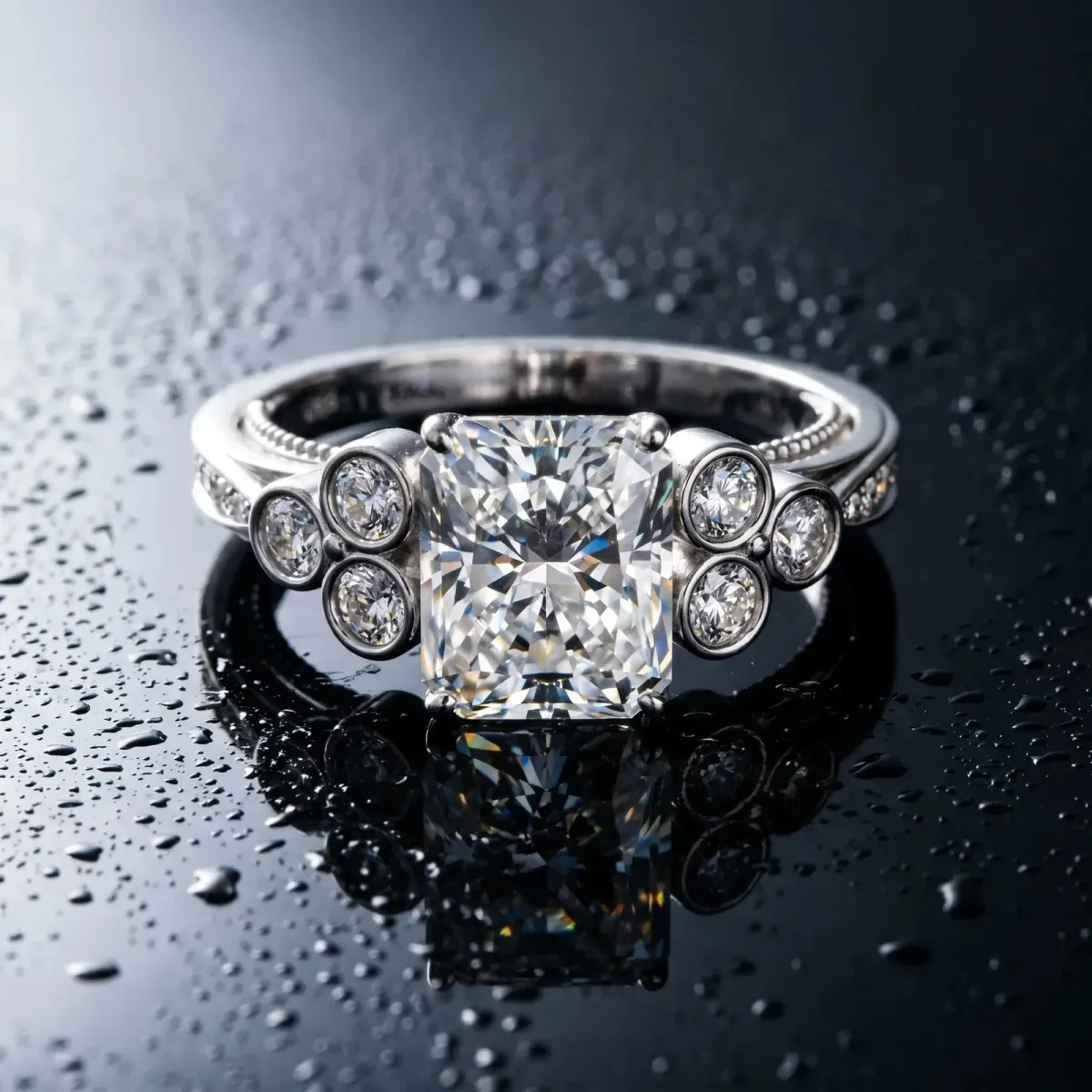 Radiant Cut Cut Diamond Engagement Ring with Bezel Set Round Side Stones and Prong Setting Platinum