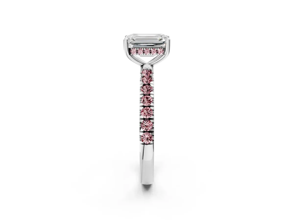 Emerald Cut Diamond Pave Band Solitaire Ring with Round Morganite and Prong Setting Platinum