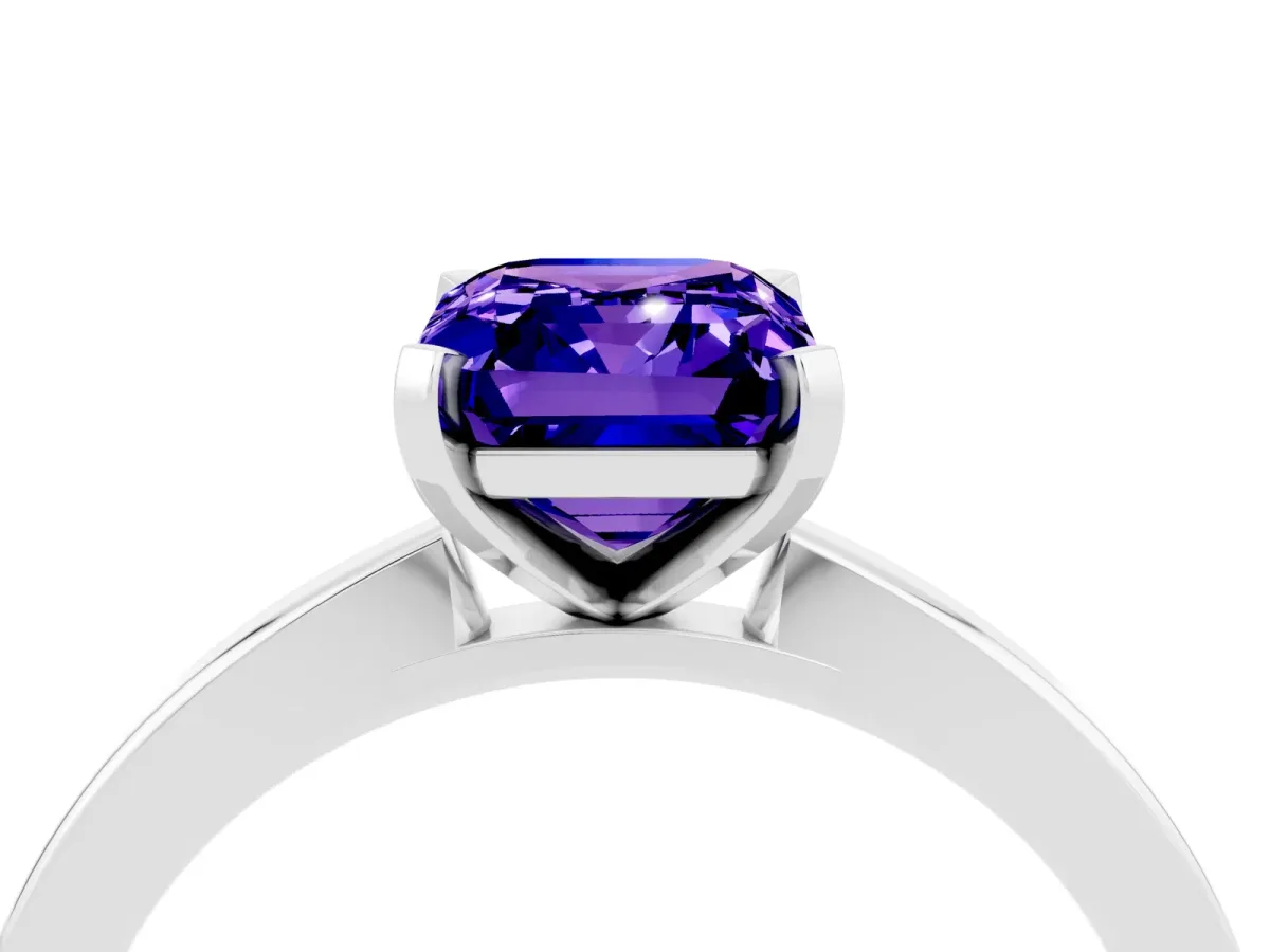 Emerald Cut Tanzanite Solitaire Engagement Ring with Classic Band and Four-Prong Setting Silver