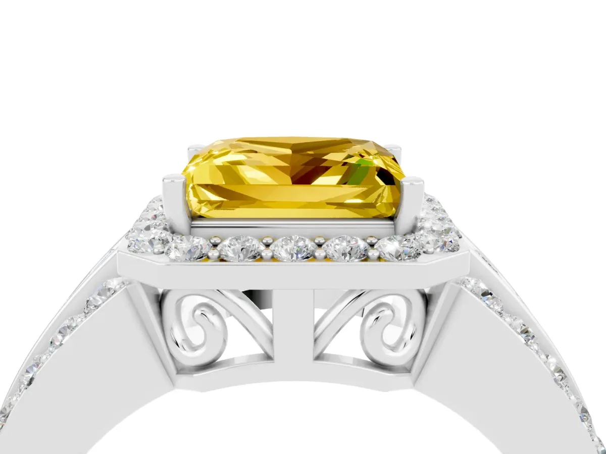 Princess Cut Halo Yellow Sapphire Ring with Round Split Shank and Prong Setting Silver