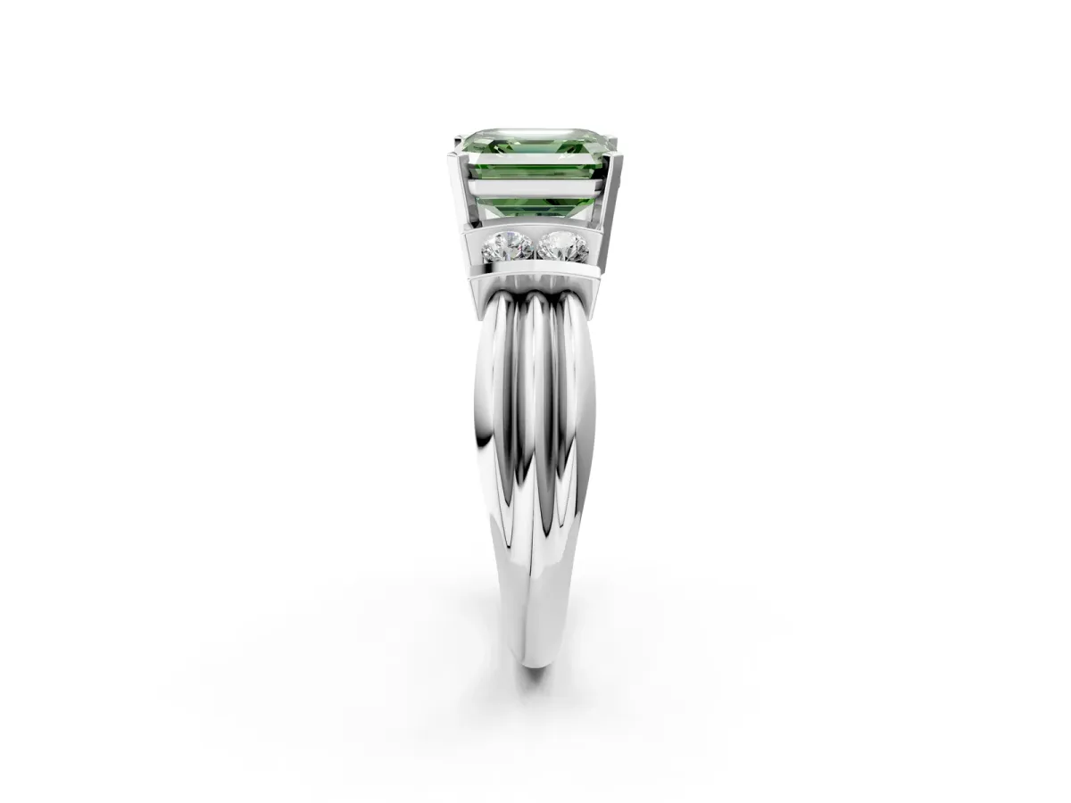 Fancy Green Asscher Cut Cut Three-Stone Channel Set Ring with Bar Prongs Platinum