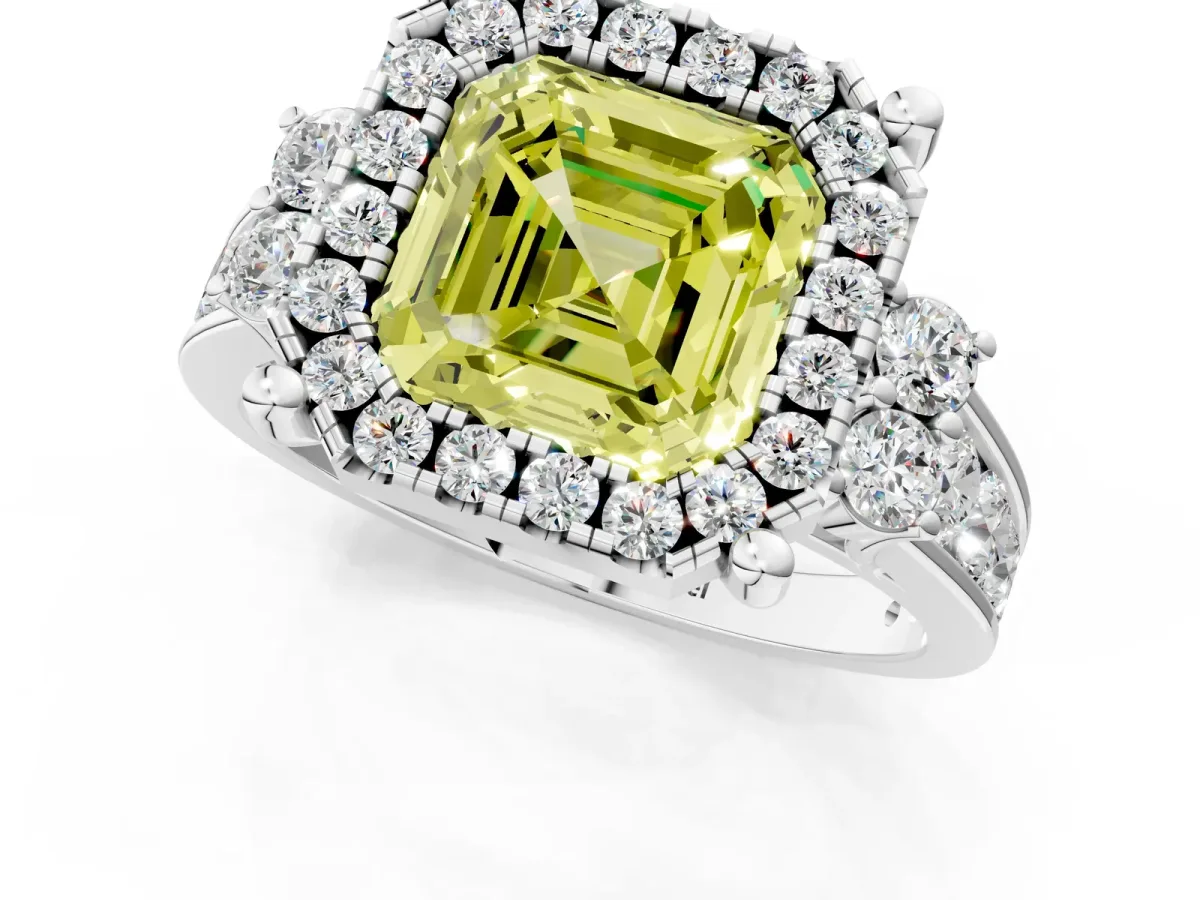 Fancy Yellow Asscher Cut Halo Diamond Engagement Ring with Split Shank and Four-Prong Setting Platinum
