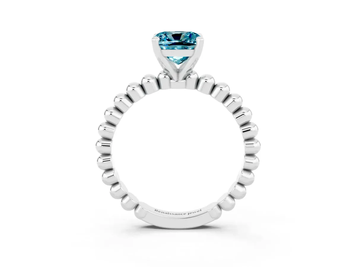 Cushion Cut Blue Topaz Solitaire Ring with Beaded Band and Prong Setting Silver