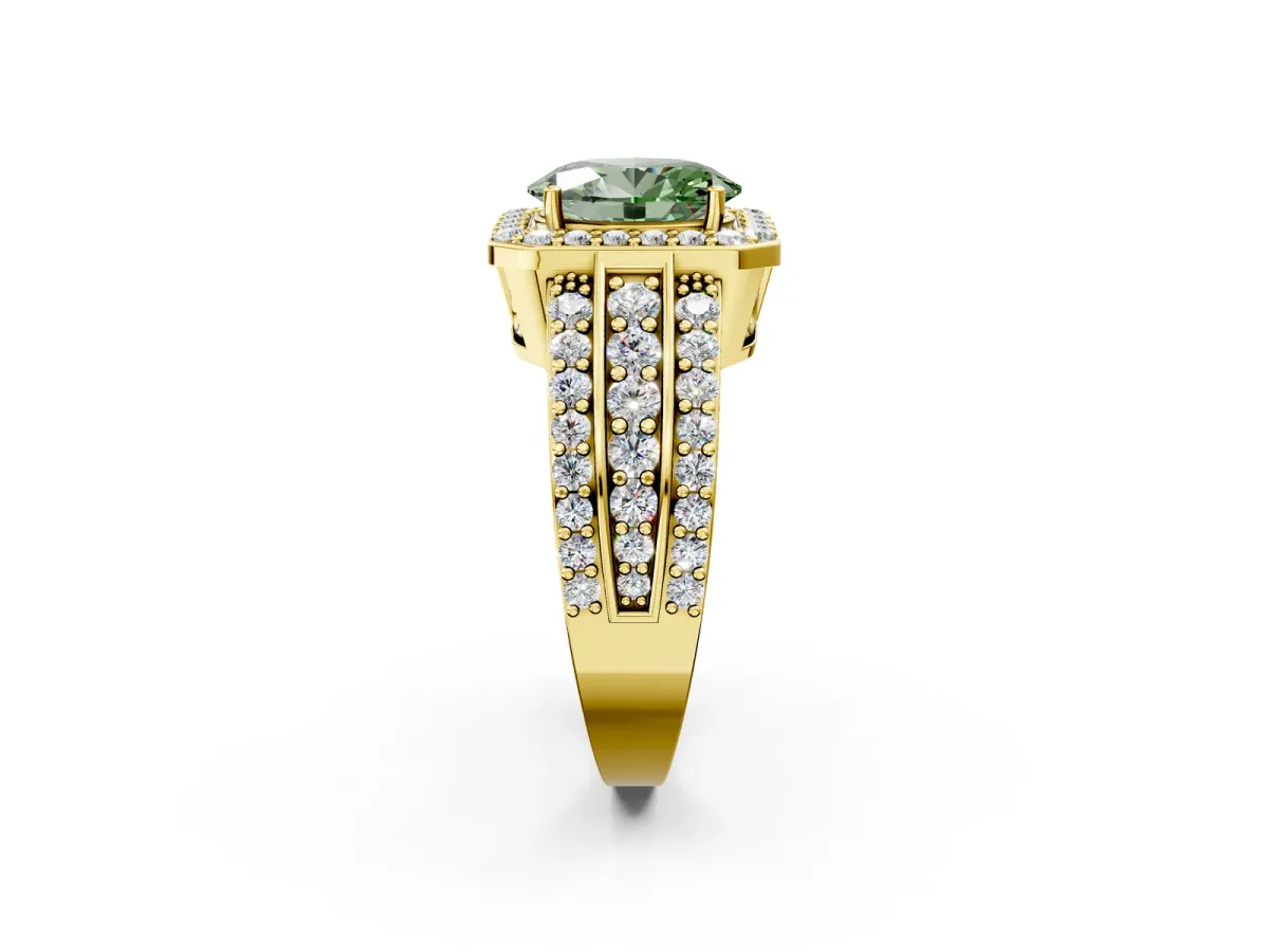 Fancy Green Oval Cut Halo Diamond Ring with Round Split Shank and Prong Setting Yellow gold