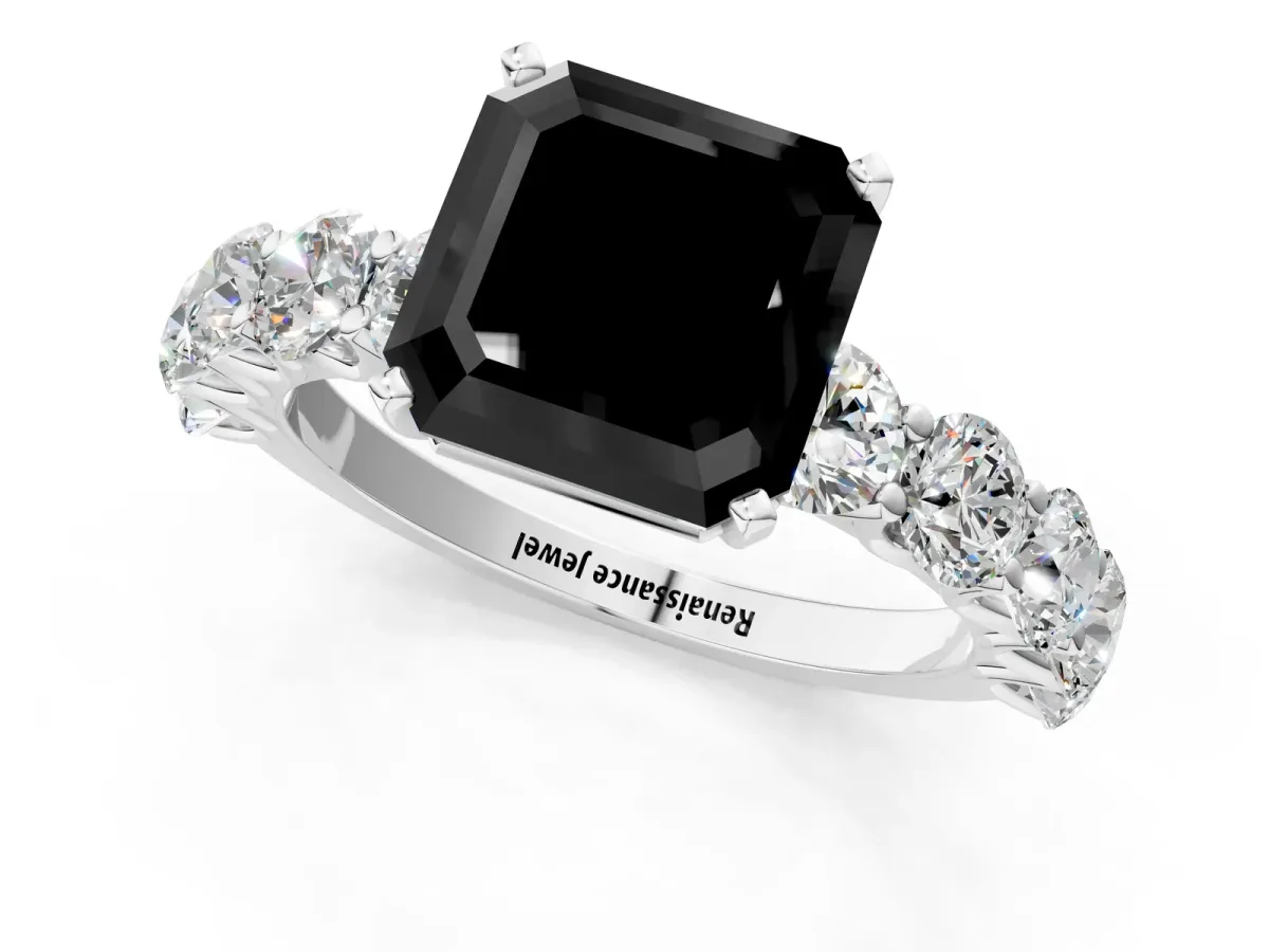 Fancy Black Asscher Cut Diamond Prong Setting with Side Stones on a Pave Band Silver