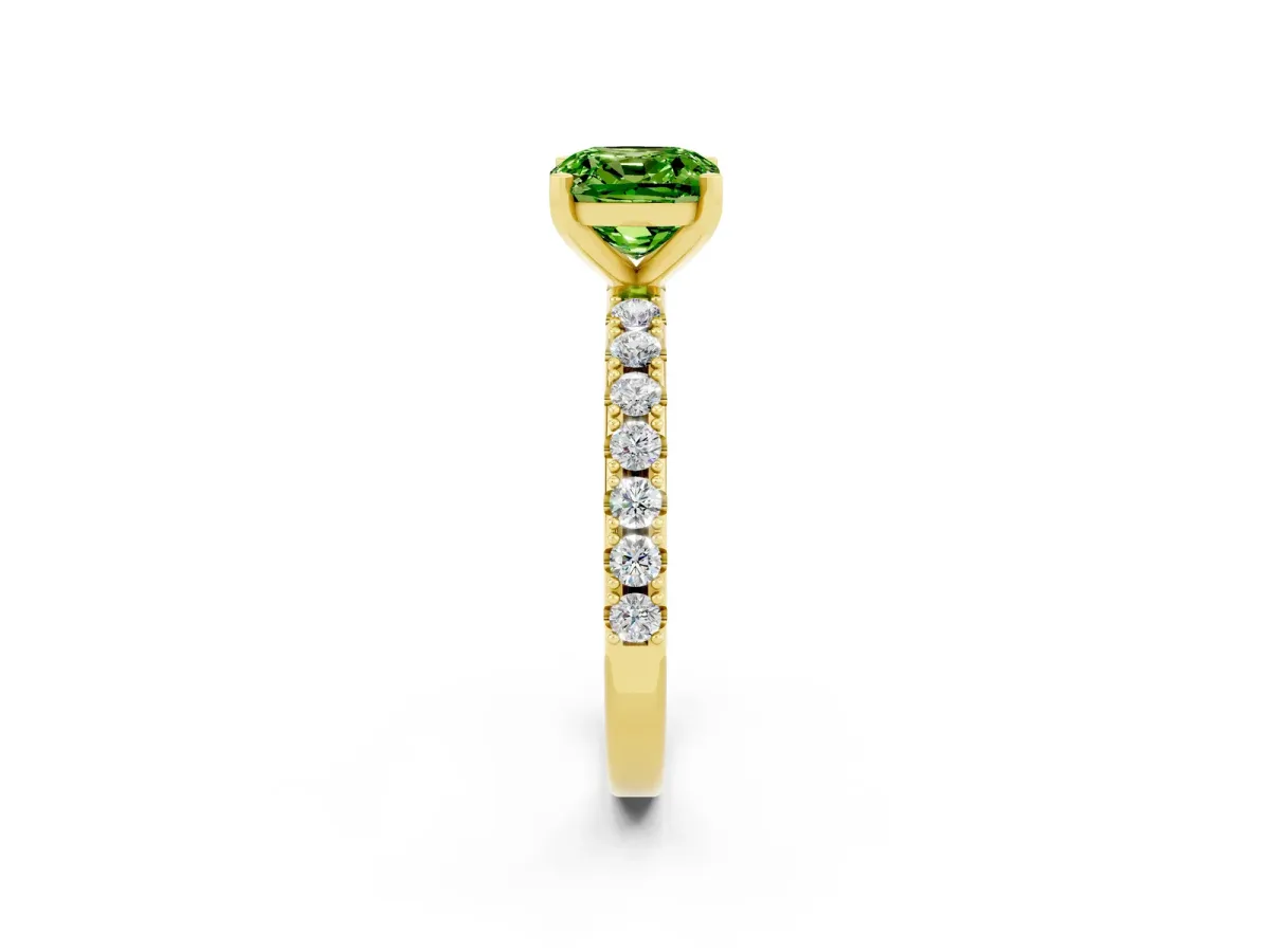 Cushion Cut Peridot Solitaire Pavé Band with Four-Prong Setting Yellow gold