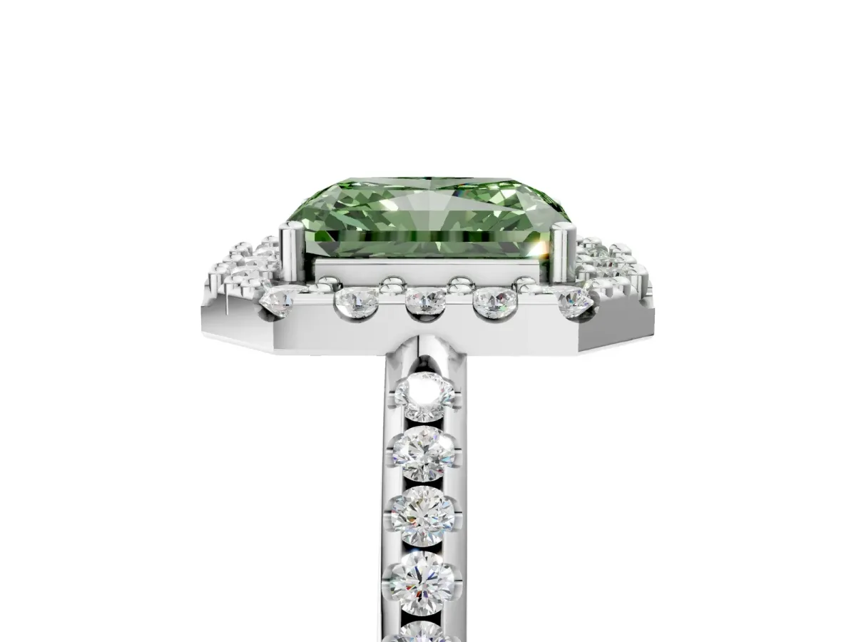 Fancy Green Radiant Cut Diamond Pavé Halo Ring with Four-Prong Setting Platinum