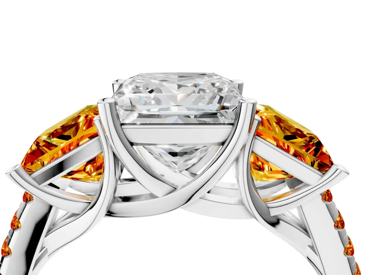 Three-Stone Princess Cut Diamond Ring with Round Citrine Pavé Band and Prong Setting Silver