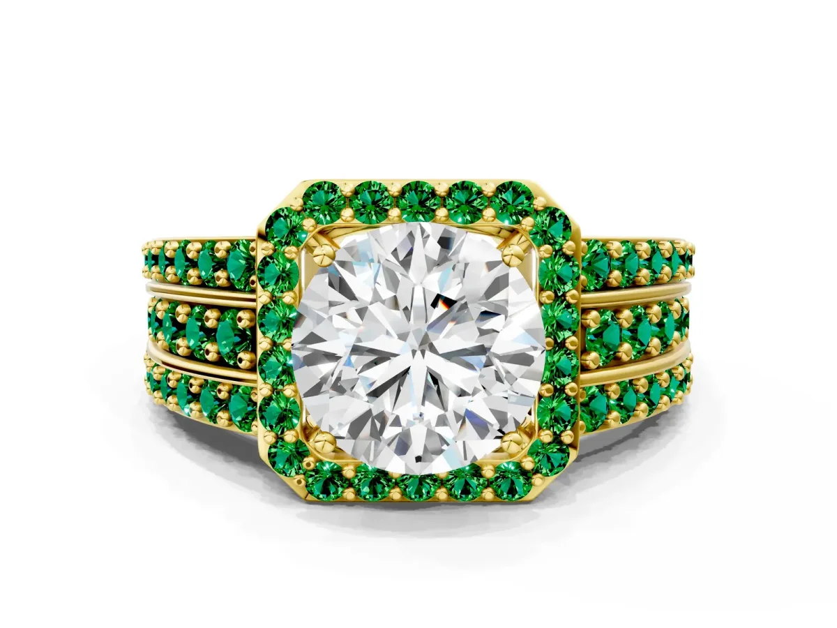 Round Cut Halo Diamond Ring with Round Emerald Split Shank and Prong Setting Yellow gold