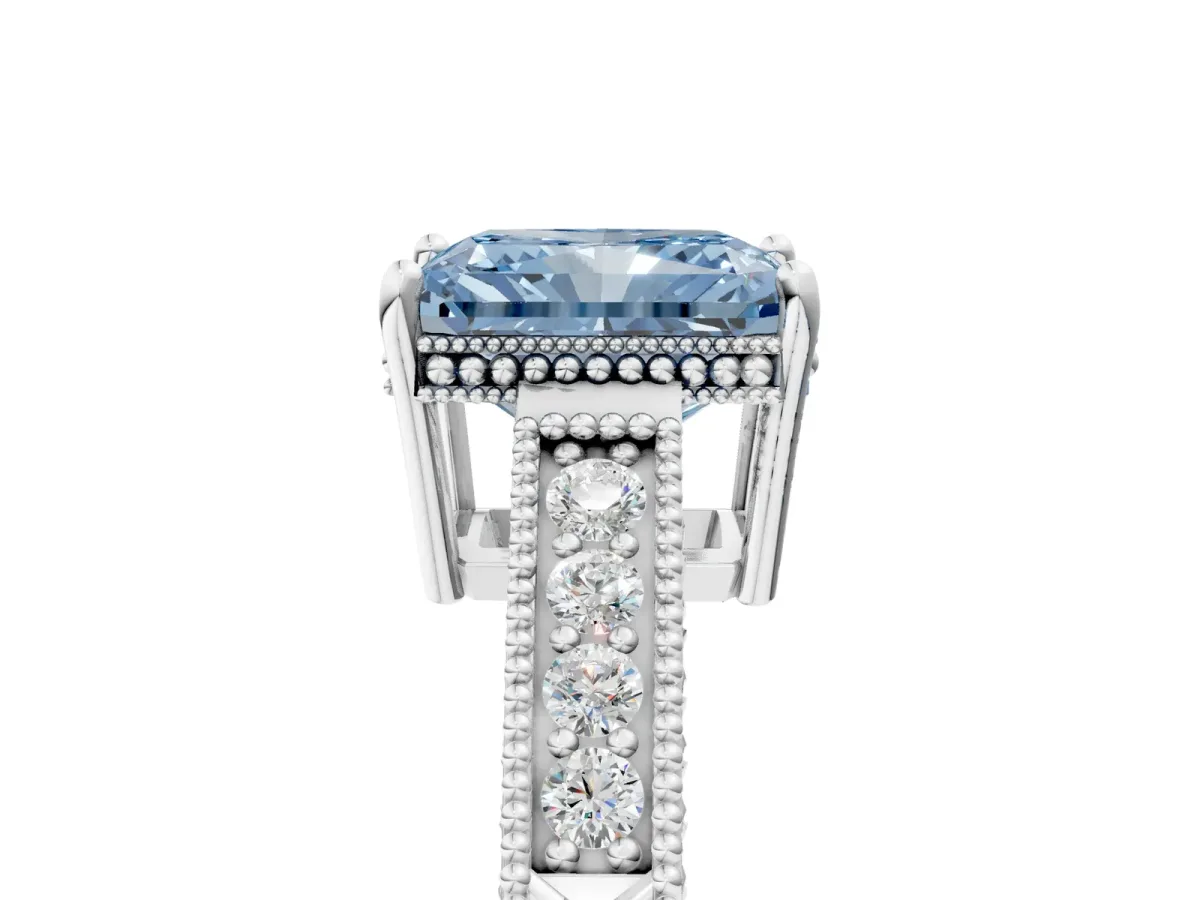 Fancy Blue Radiant Cut Cut Diamond Milgrain Pave Band Four-Prong Setting Ring Platinum