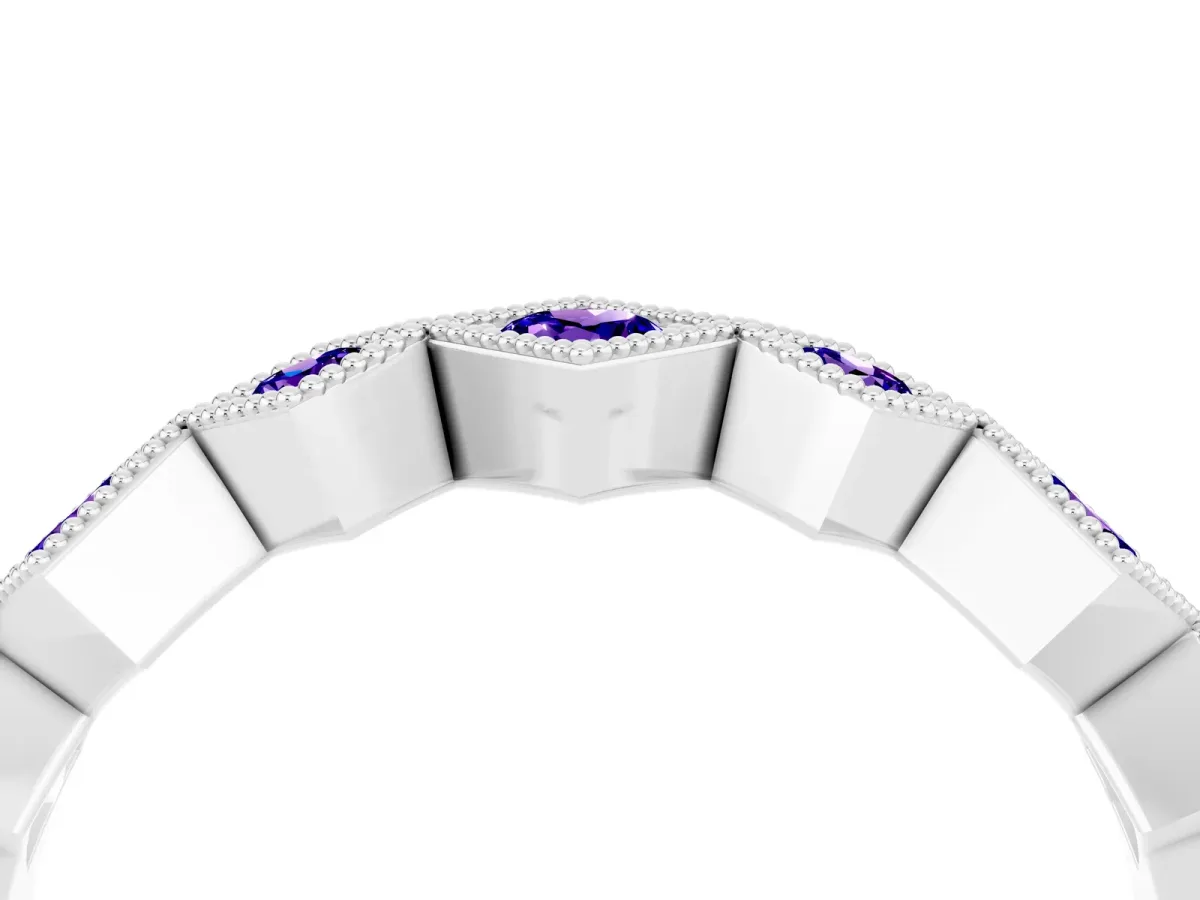 Milgrain Square Bezel Round Tanzanite Chevron Band Silver