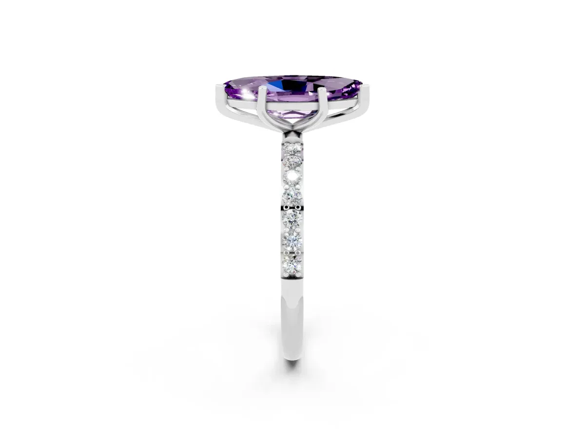 Marquise Cut Amethyst Solitaire Ring with Round Pavé Band and Prong Setting Silver