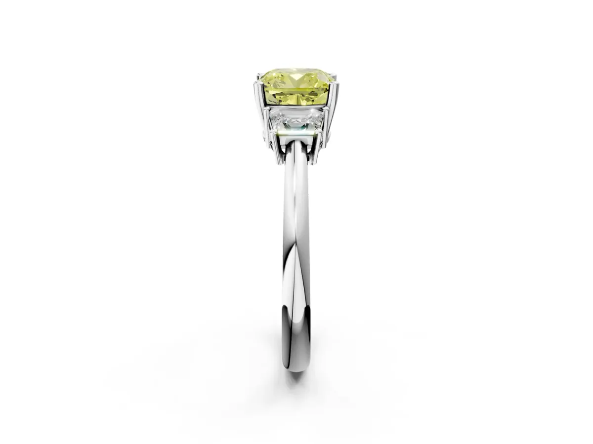 Fancy Yellow Cushion Cut Diamond Three-Stone Ring with Trapezoid Side Stones and Prong Setting Silver