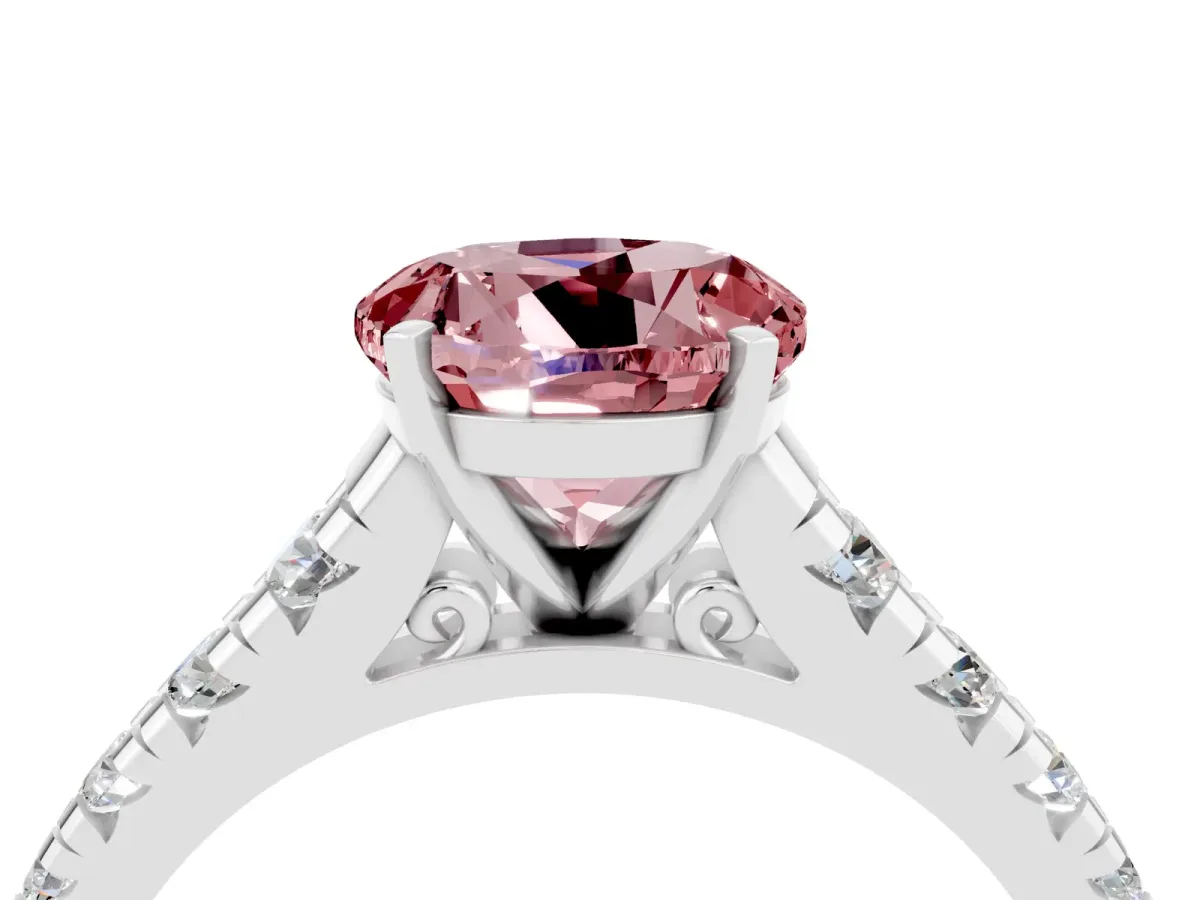Round Cut Morganite Cathedral Solitaire Ring with Round Pavé Band Platinum