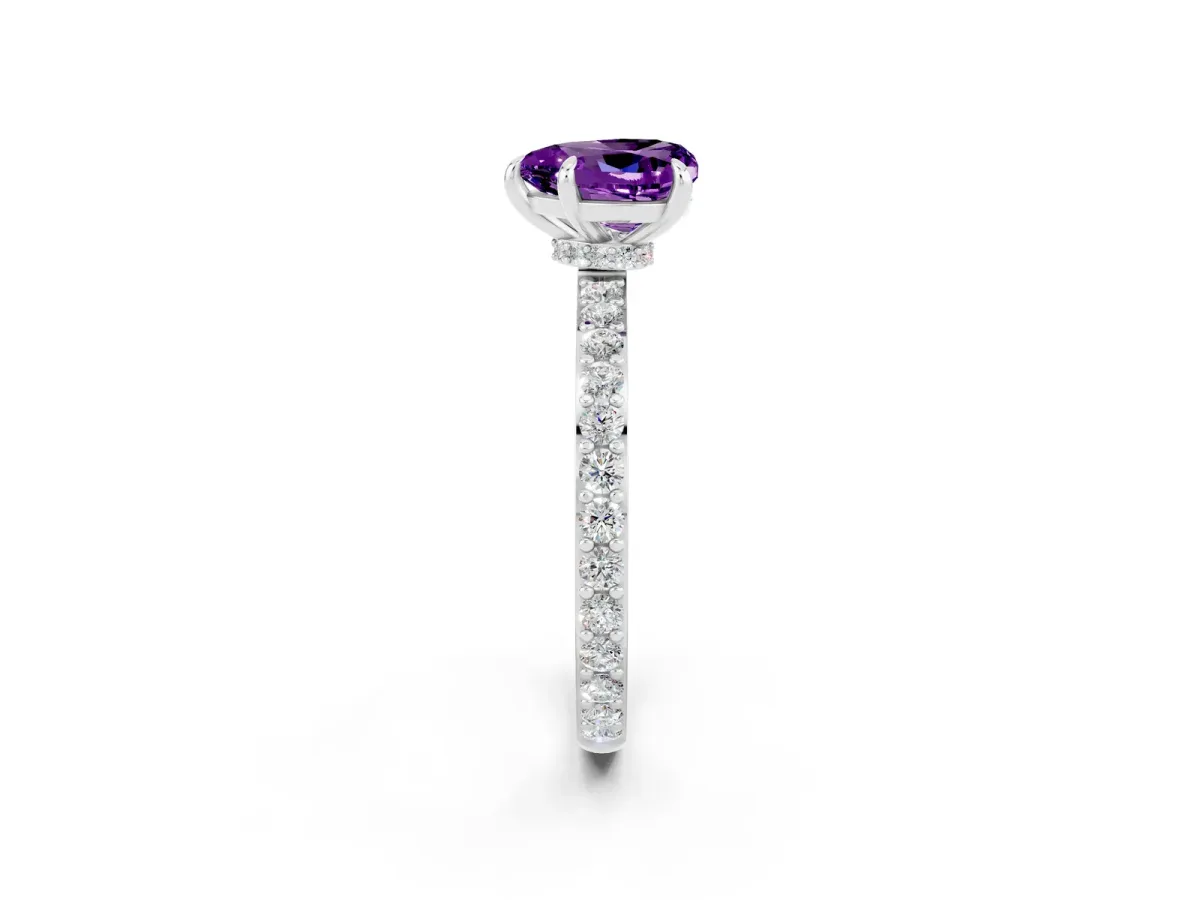Heart Cut Amethyst Pavé Engagement Ring with Round Accents and Prong Setting Silver