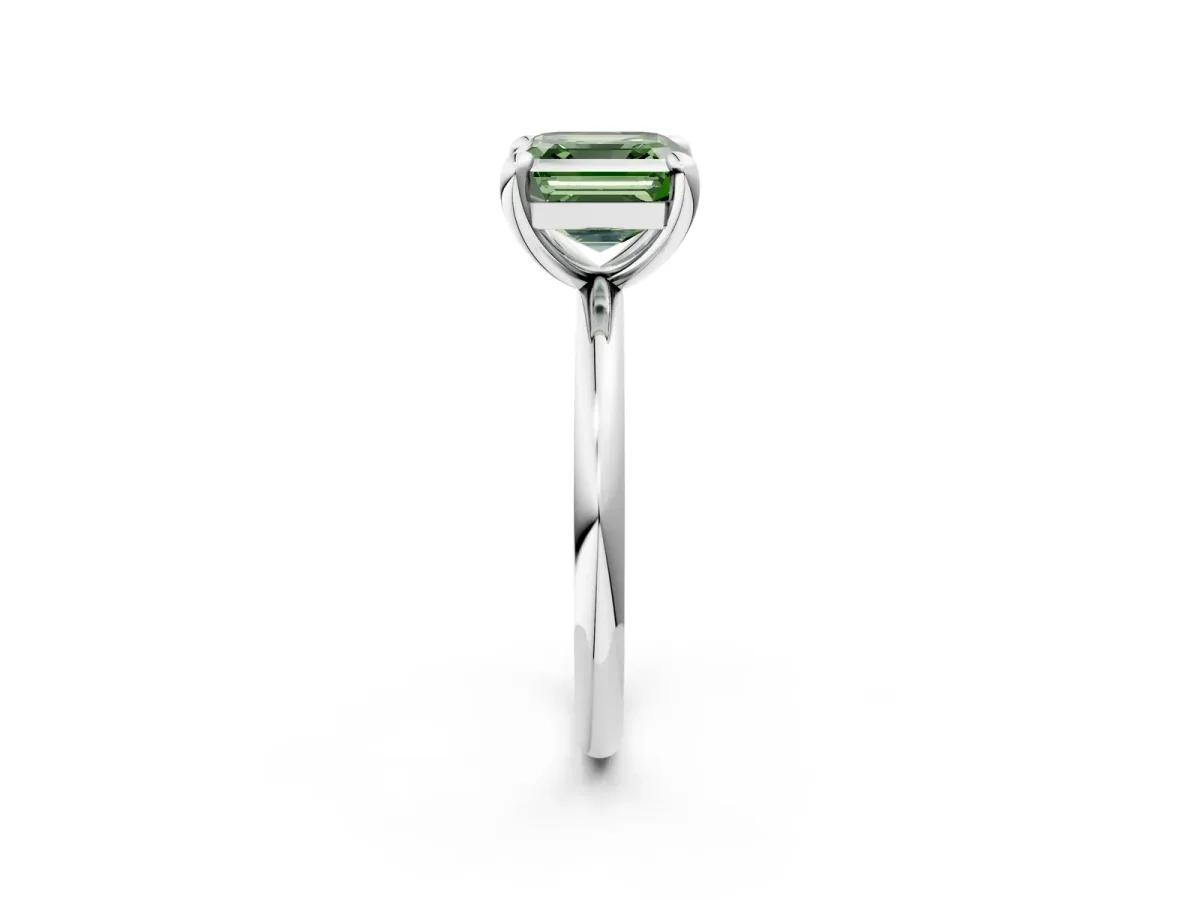 Fancy Green Asscher Cut Solitaire Diamond Ring with Four-Prong Setting on a Plain Band Platinum