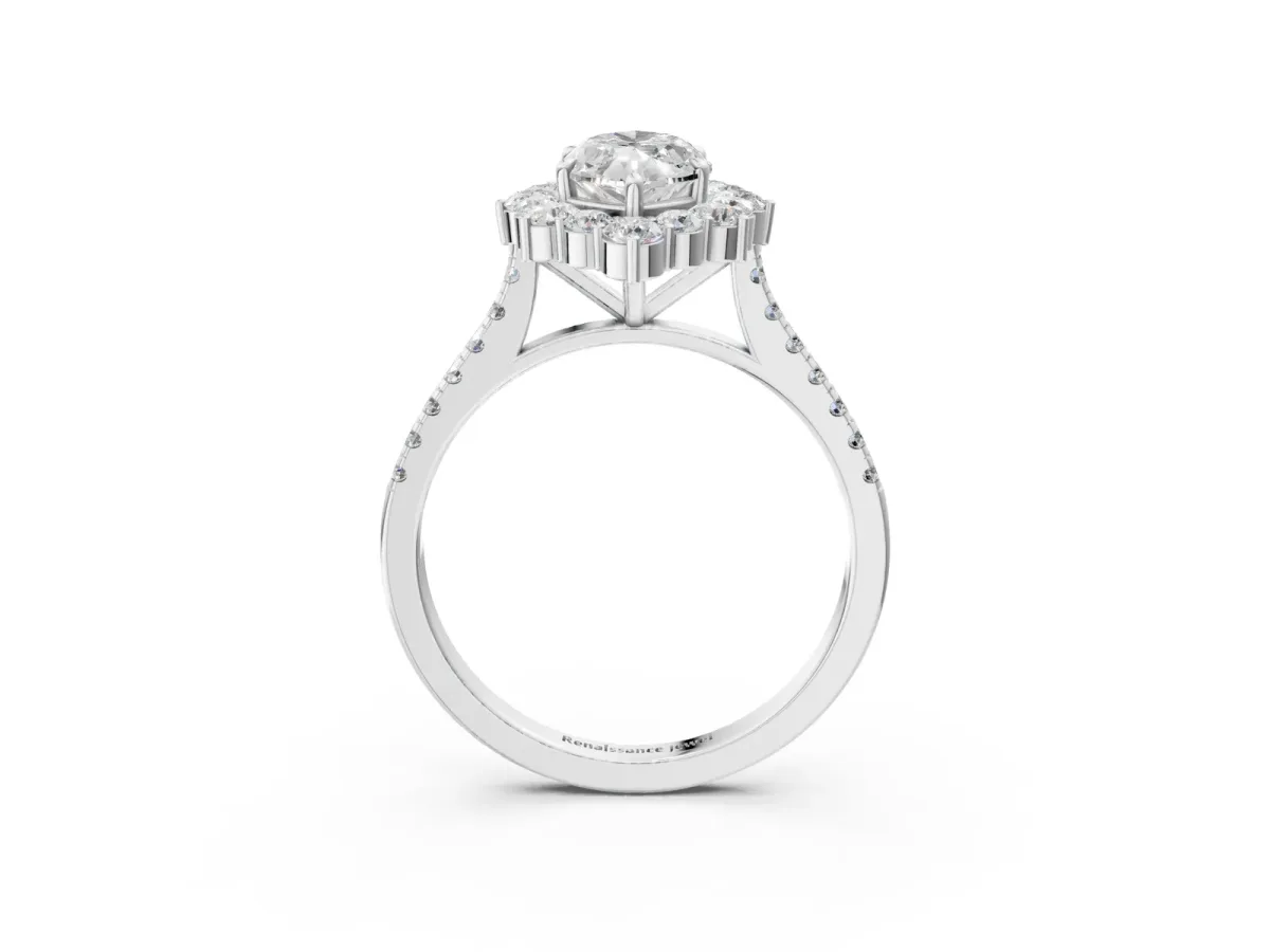 Marquise Cut Halo Diamond Ring with Pavé Band and Prong Setting Silver