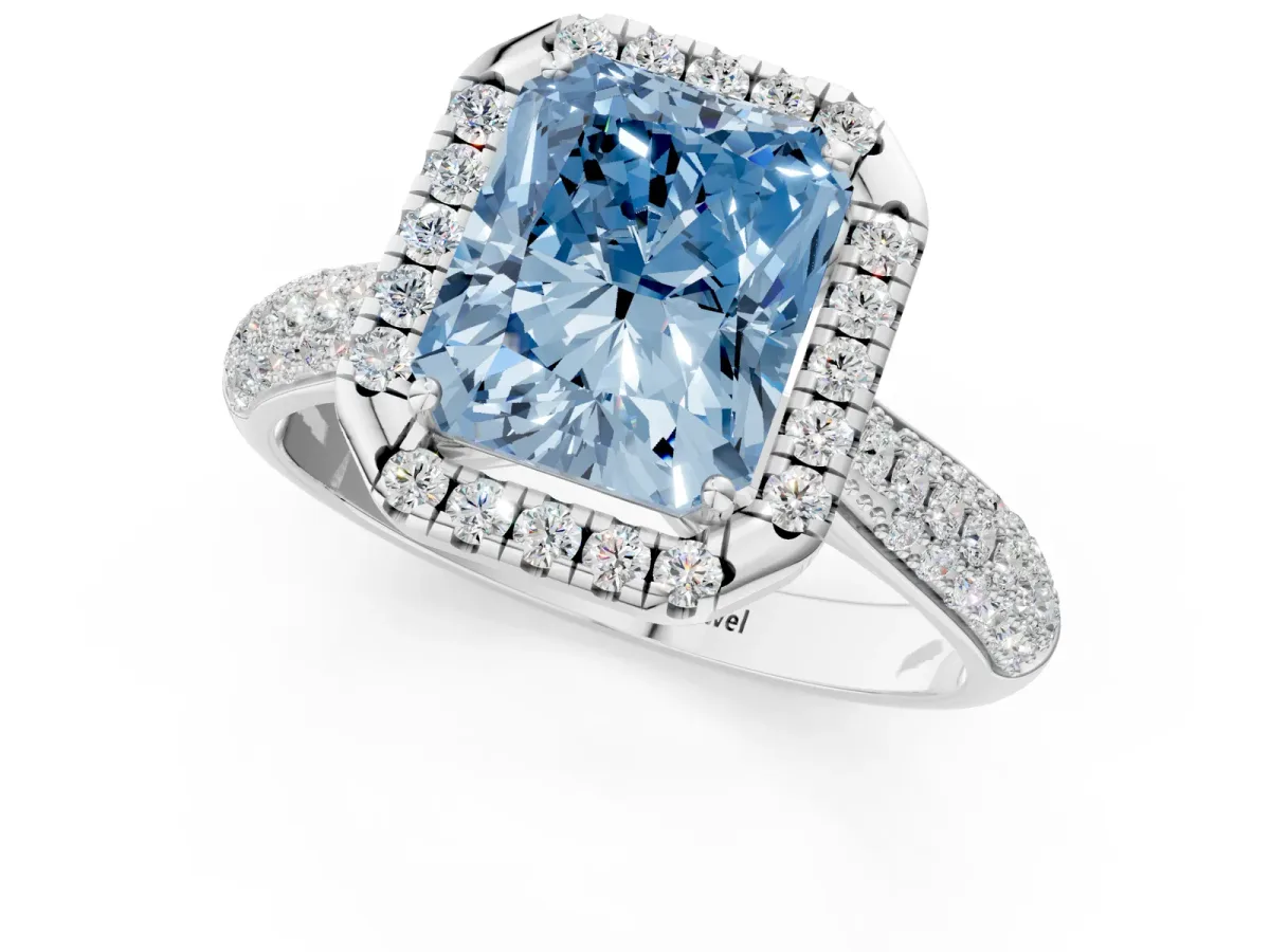 Fancy Blue Radiant Cut Cut Halo Pave Band Four-Prong Setting Ring Platinum