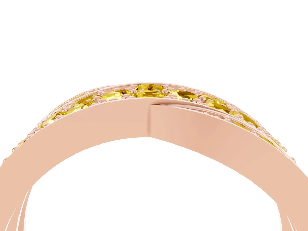 Pavé Round Yellow Sapphire Crossover Band with Bead Prong Setting Rose gold