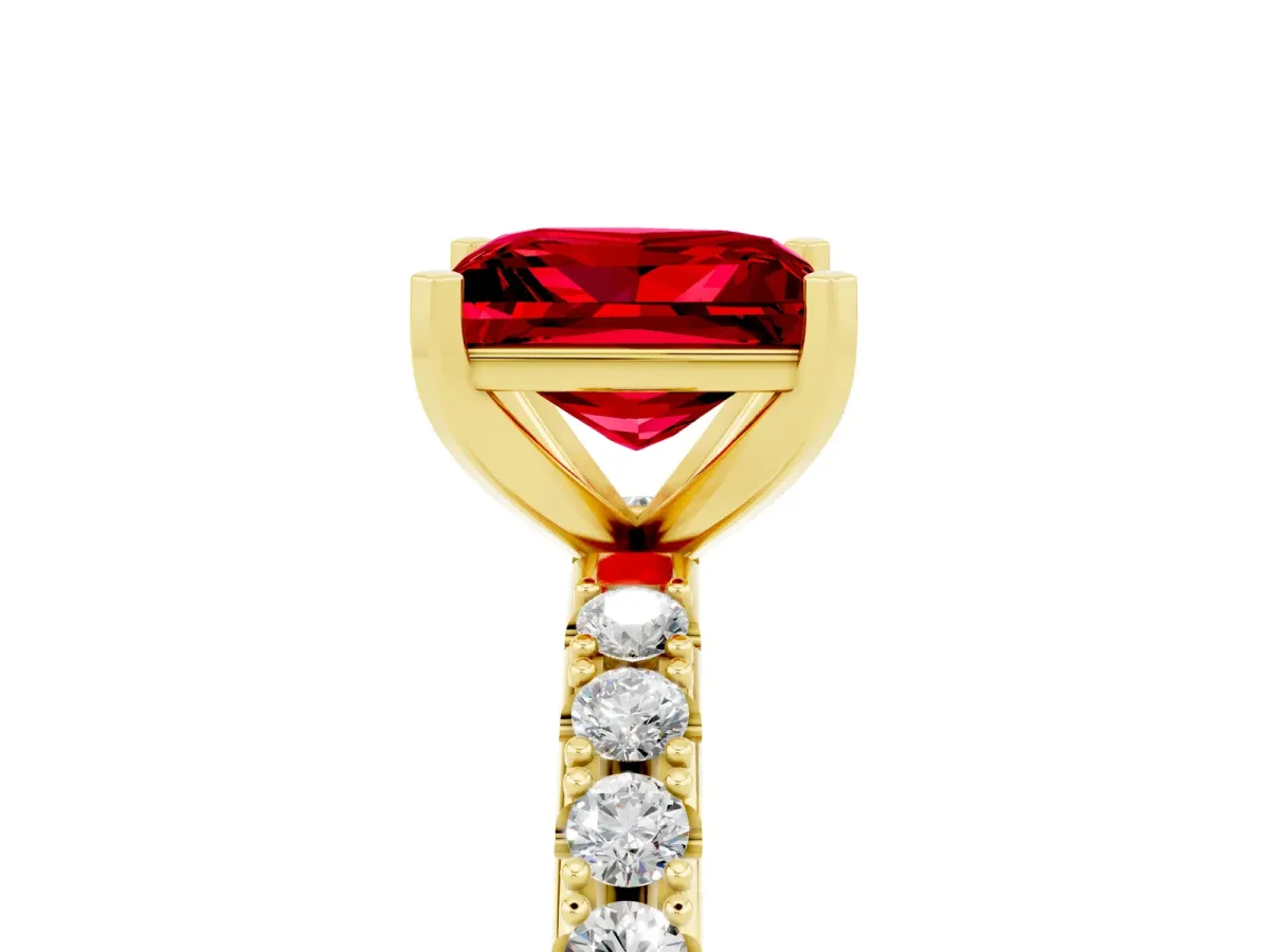 Princess Cut Ruby Solitaire Pavé Band with Four-Prong Setting Yellow gold