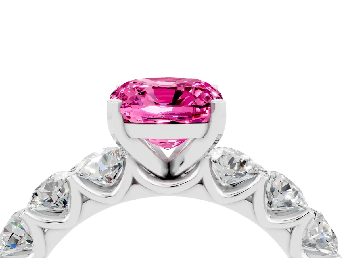 Cushion Cut Pink Sapphire Prong Setting with Side Stones on a Pave Band Silver