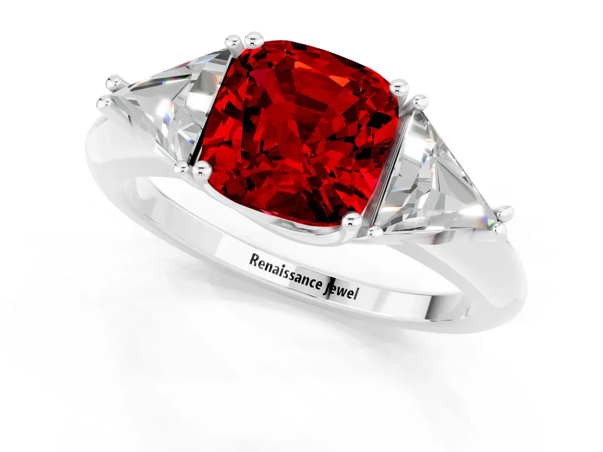 Three-Stone Cushion Cut Ruby Engagement Ring with Trillion Side Stones and Prong Setting White gold