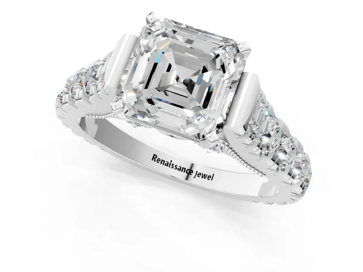 Asscher Cut Diamond Classic Solitaire Ring with Pavé Band and Four-Prong Setting Platinum