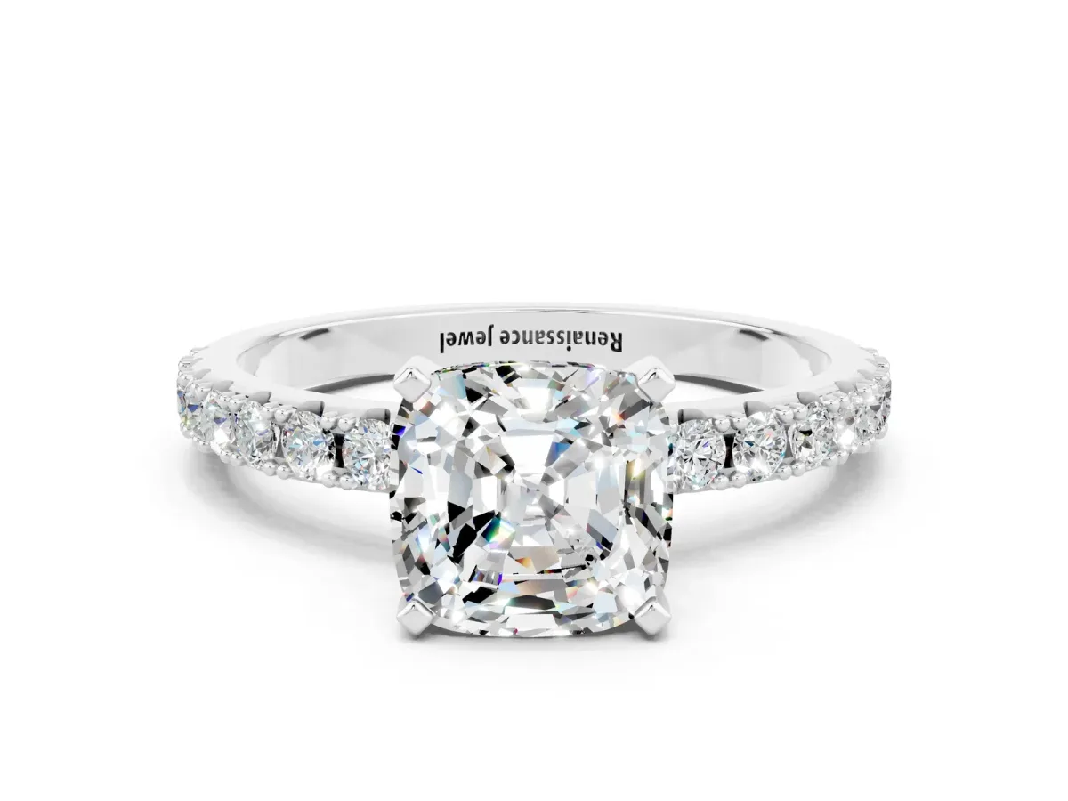 Cushion Cut Moissanite Solitaire Pavé Band with Four-Prong Setting Silver