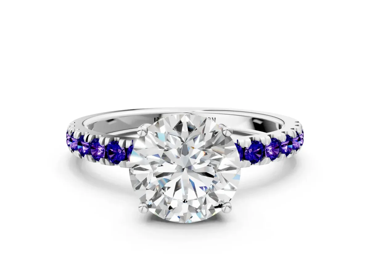 Round Cut Diamond Pave Band Solitaire Ring with Round Tanzanite and Prong Setting Platinum