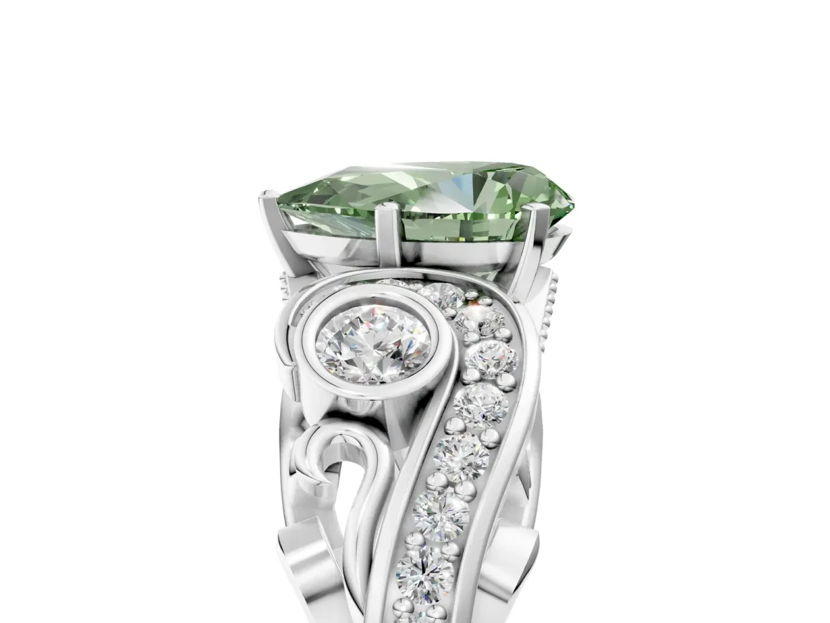 Fancy Green Pear Cut Diamond Solitaire Ring with Milgrain Pavé Band and Four-Prong Setting Silver