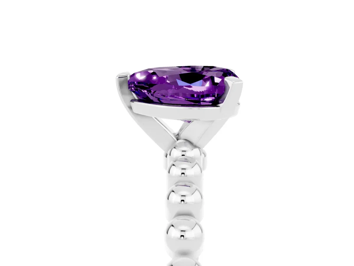 Heart Cut Amethyst Solitaire Ring with Beaded Band and Prong Setting Platinum