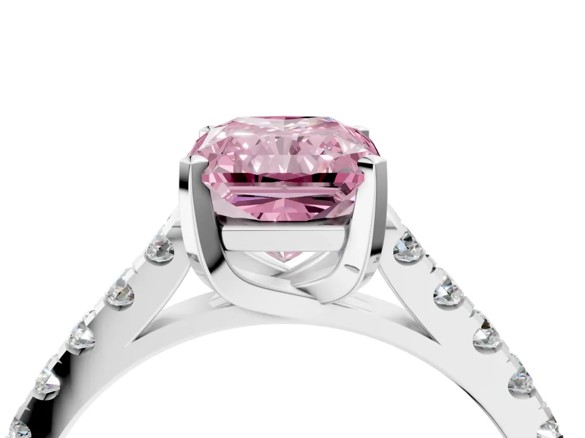Fancy Pink Radiant Cut Diamond Pavé Band Solitaire Ring with Prong Setting Platinum